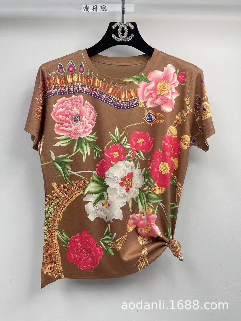 New Women'S Short Sleeve Summer All-Body Printed Baby Cotton Fashion Casual All-Match Elegant Loose Round Neck Breathable T - Image 2