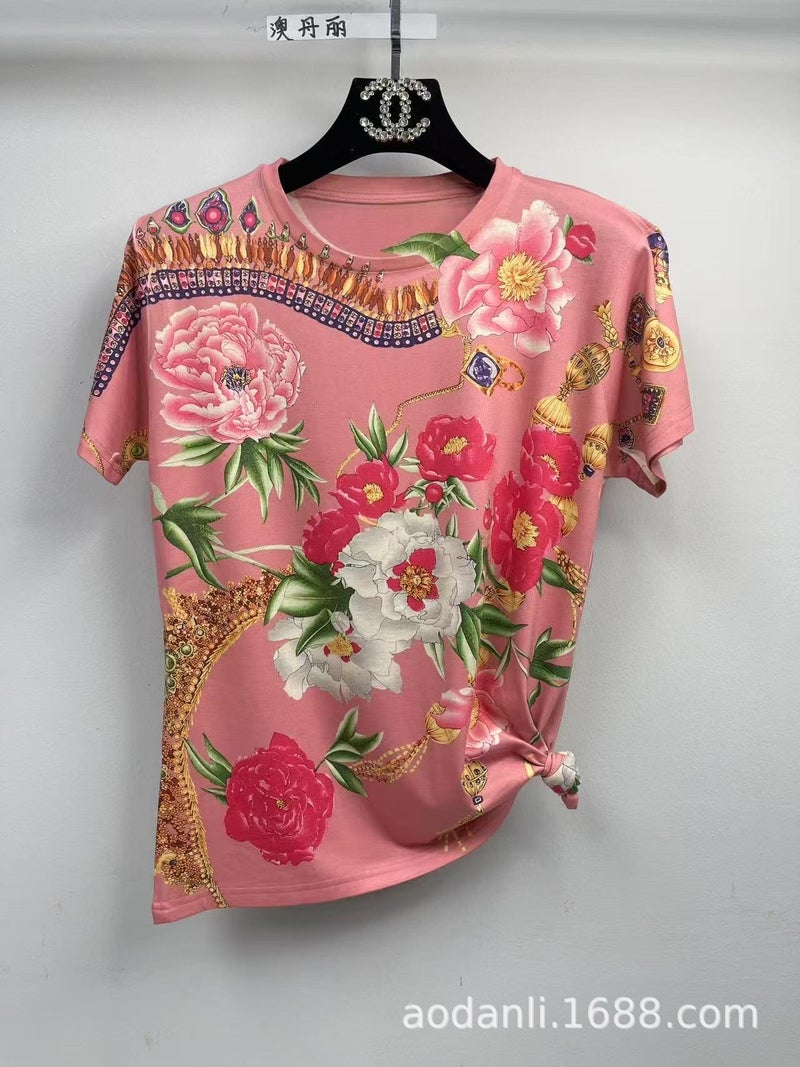 New Women'S Short Sleeve Summer All-Body Printed Baby Cotton Fashion Casual All-Match Elegant Loose Round Neck Breathable T - Image 3