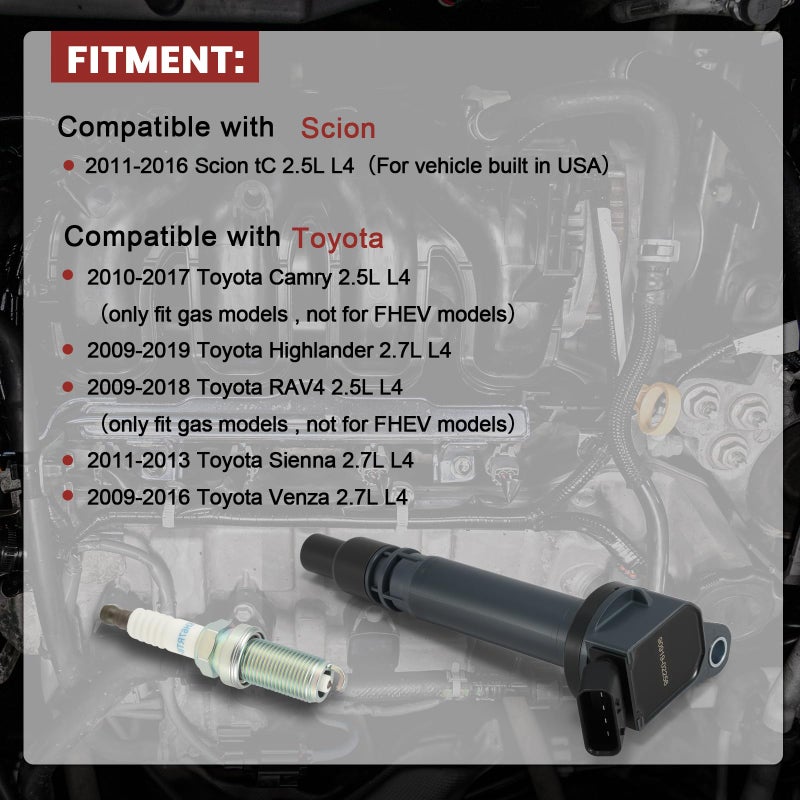 KacuYelin UF487 Ignition Coil Pack and Iridium Spark Plugs Set of 4 Compatible with 2009 2010 2011 2012 2013 2014 2015 2016 2017 Toyota RAV4 Camry 2.5L Highlander Venza Lexus ES300h 2.5 L 2.7L L4 UF507 - Image 2