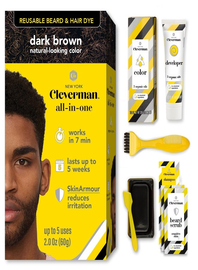 Cleverman Hair & Beard Dye Kit for Men, All-in-One Reusable Mens Hair Color, Natural Gray Coverage, Ammonia-Free Beard Mustache Dye for Men (Dark Brown for Black Men) - Image 1