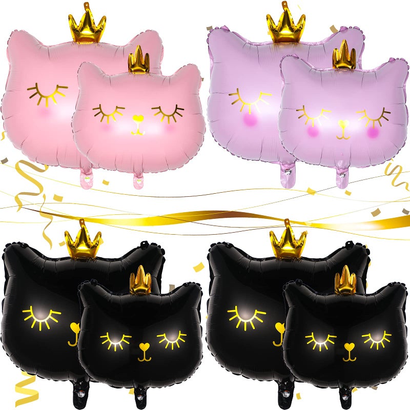 Zomiboo 8 Pieces Crown Cat Foil Balloons Cute Kitty Cat Kitten Birthday Balloons Animal Themed Party Supplies Pink Black Small Size Cute Style - Image 3