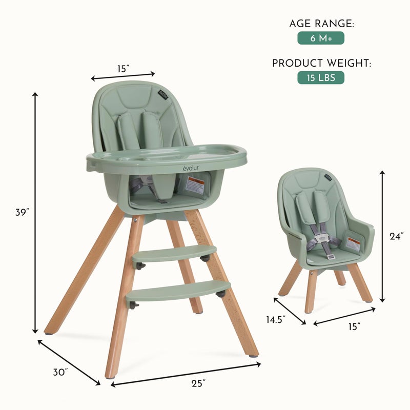 Evolur Zoodle 2-in-1 High Chair for Baby & Toddler â€“ Convertible High Chair to Toddler Chair, Padded Seat, 5-Point Safety Harness, Dual Dishwasher-Safe Trays, Solid Beechwood Legs â€“ Sage Green - Image 2