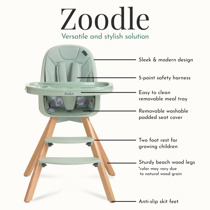 Evolur Zoodle 2-in-1 High Chair for Baby & Toddler â€“ Convertible High Chair to Toddler Chair, Padded Seat, 5-Point Safety Harness, Dual Dishwasher-Safe Trays, Solid Beechwood Legs â€“ Sage Green - Image 5