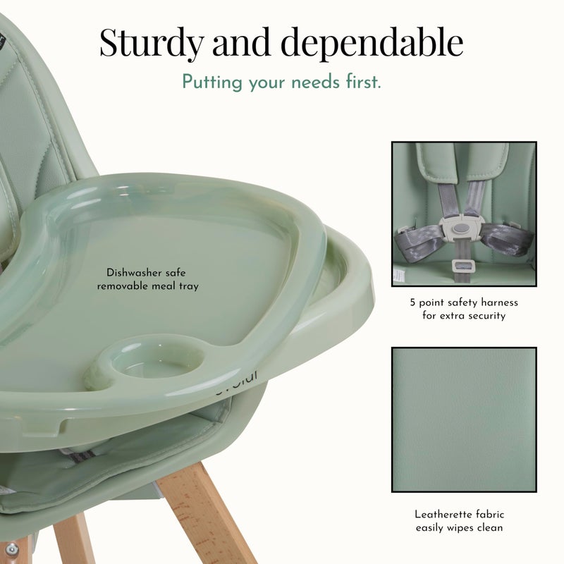 Evolur Zoodle 2-in-1 High Chair for Baby & Toddler â€“ Convertible High Chair to Toddler Chair, Padded Seat, 5-Point Safety Harness, Dual Dishwasher-Safe Trays, Solid Beechwood Legs â€“ Sage Green - Image 4