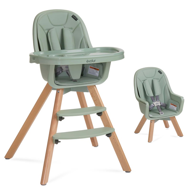 Evolur Zoodle 2-in-1 High Chair for Baby & Toddler â€“ Convertible High Chair to Toddler Chair, Padded Seat, 5-Point Safety Harness, Dual Dishwasher-Safe Trays, Solid Beechwood Legs â€“ Sage Green - Image 1