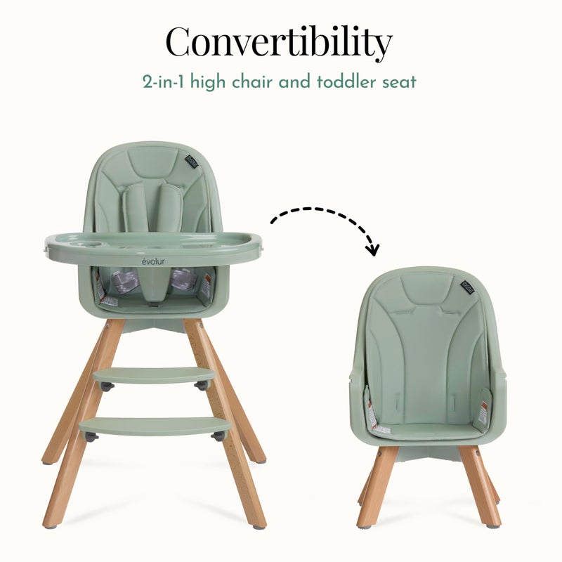 Evolur Zoodle 2-in-1 High Chair for Baby & Toddler â€“ Convertible High Chair to Toddler Chair, Padded Seat, 5-Point Safety Harness, Dual Dishwasher-Safe Trays, Solid Beechwood Legs â€“ Sage Green - Image 3