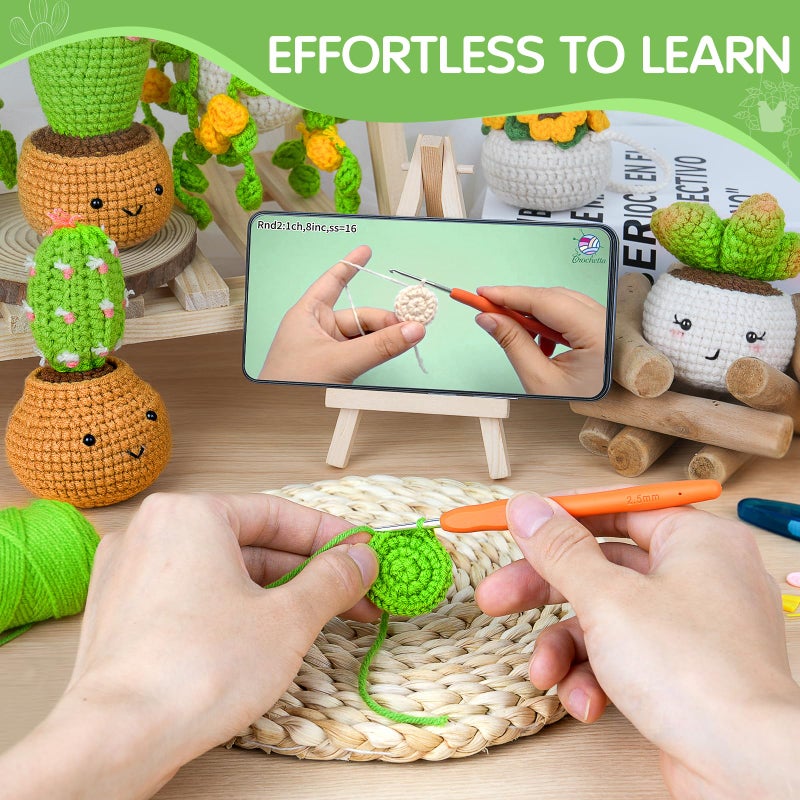 Crochetta Crochet Kit for Beginners, Crochet Starter Kits for Adults, Amigurumi Craft Knitting Crocheting Kits with Step-by-Step Video Tutorials, 6 Pc Hanging Potted Plants Family(40%+ Yarn - Image 3