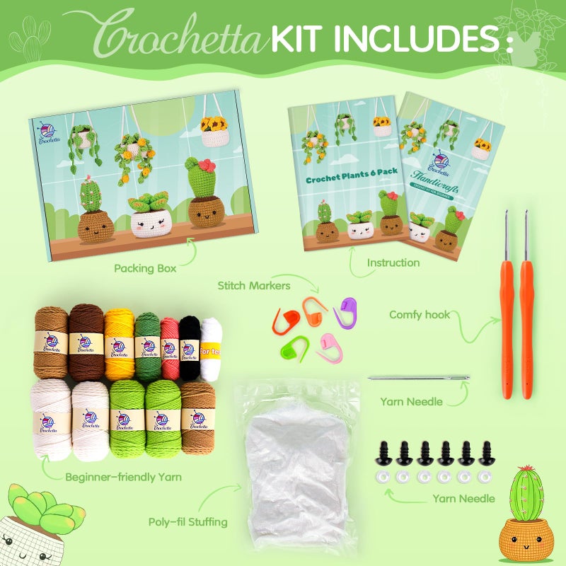 Crochetta Crochet Kit for Beginners, Crochet Starter Kits for Adults, Amigurumi Craft Knitting Crocheting Kits with Step-by-Step Video Tutorials, 6 Pc Hanging Potted Plants Family(40%+ Yarn - Image 4