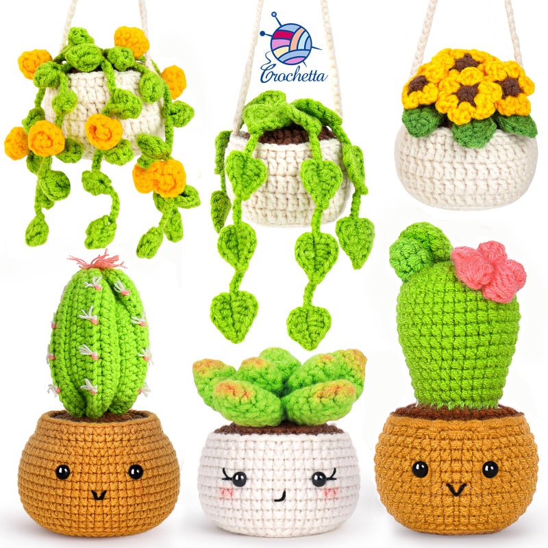 Crochetta Crochet Kit for Beginners, Crochet Starter Kits for Adults, Amigurumi Craft Knitting Crocheting Kits with Step-by-Step Video Tutorials, 6 Pc Hanging Potted Plants Family(40%+ Yarn - Image 1