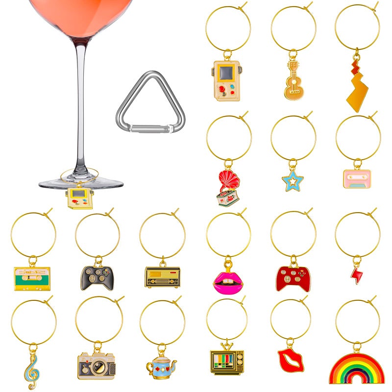 18 Pcs Vintage Wine Glass Charms Set  80s Markers Rings Identification with Buckle and Drawstring Bag for Stem Glasses Bachelorette Party Wine Tasting Party Favors Decorations