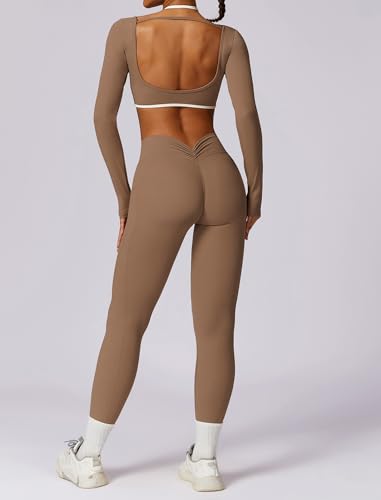 AGYMNX Workout Sets for Women 2 Piece Outfits Seamless High Waist Leggings Yoga Long Sleeve Crop Tops Athletic Gym Sets Brown S - Image 2