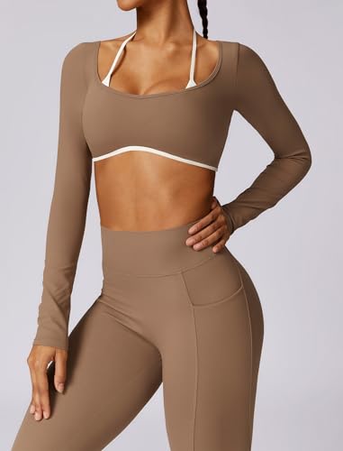 AGYMNX Workout Sets for Women 2 Piece Outfits Seamless High Waist Leggings Yoga Long Sleeve Crop Tops Athletic Gym Sets Brown S - Image 5