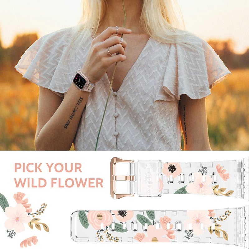 amBand Compatible for Apple Watch Clear Band 38mm 40mm 41mm with Case, [Anti Yellow] Women Cute Crystal Durable Sport Transparent Protective for iWatch Series 9/8/7/6/5/4/3/2/1 SE, Wild Flower - Image 3