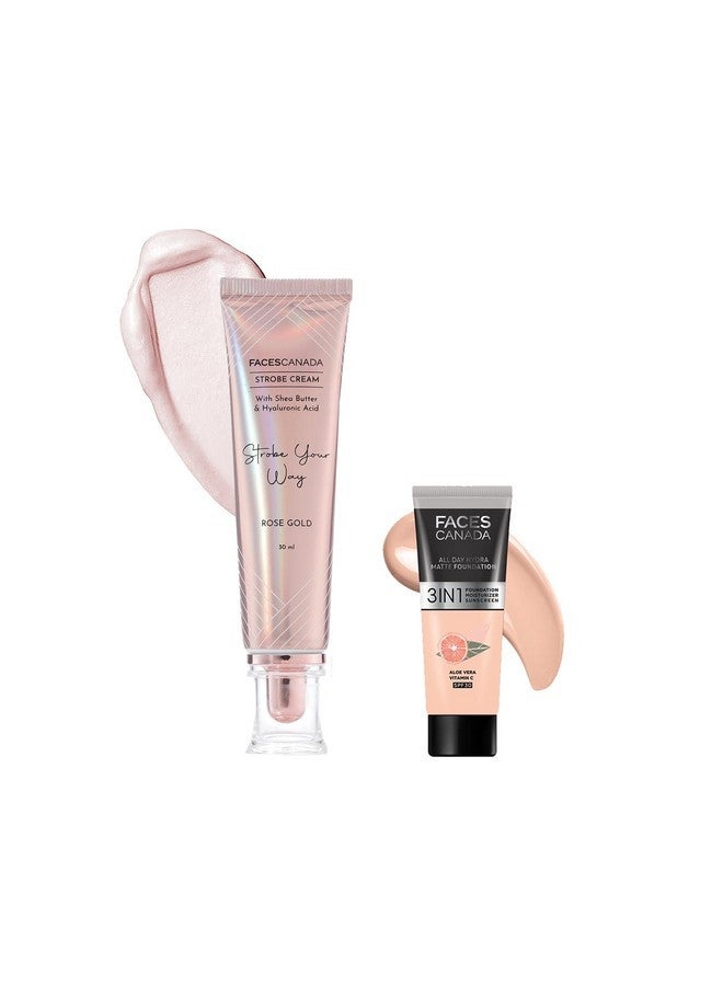 فاسيسكانادا مجموعة بودرة روز جلو | كريم ستروب ذهبي وردي لتغطية كاملة (30 مل) + كريم أساس روز آيفوري أول داي هيدرا مات ميني لومينوس (15 مل) | مجموعة مكياج للنساء (عبوة مكونة من قطعتين) - Image 1