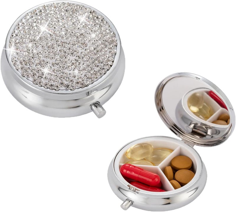 iHMeiju Bling Pill Box for Women - Silver Rhinestone Case