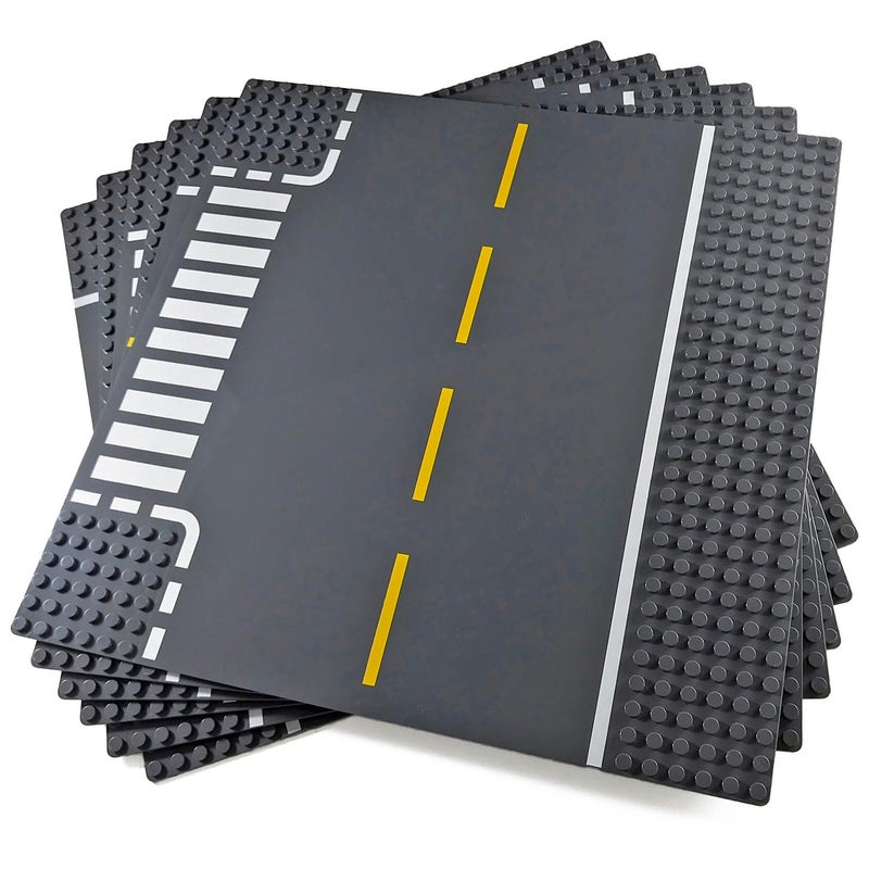 Apostrophe Games Road Baseplate – Premium Building Blocks Base Plates Compatible with All Major Brands – 6pcs Baseplate Gray with Road Design – Straight, Curve, Crossroad, T-Junction - Image 1