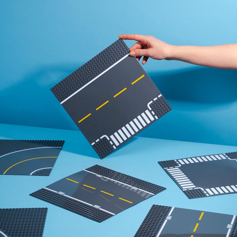 Apostrophe Games Road Baseplate – Premium Building Blocks Base Plates Compatible with All Major Brands – 6pcs Baseplate Gray with Road Design – Straight, Curve, Crossroad, T-Junction - Image 2