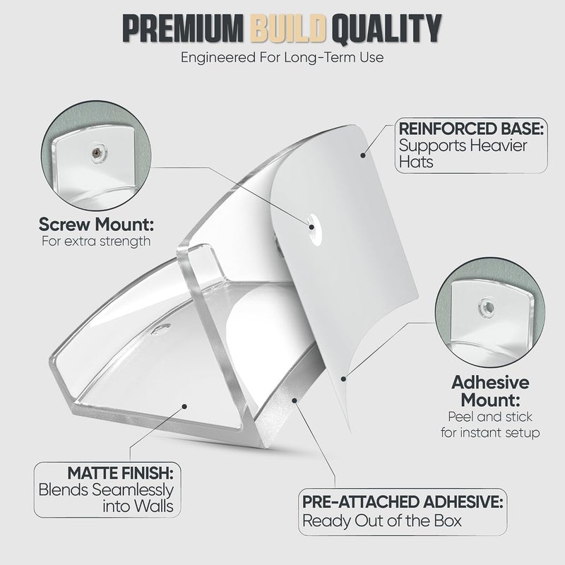 Modern JP Adhesive Hat Hooks for Wall (6-Pack) - Cowboy Hat Rack, Wide Brim Hat Organizer, Strong Hold Hat Hangers for Wall - Clear - Image 5