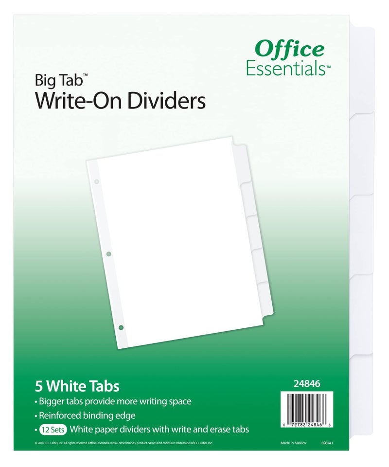 Office Essentials Big Tab WriteOn Dividers 812 x 11 5Tab White 12 Pack 24846