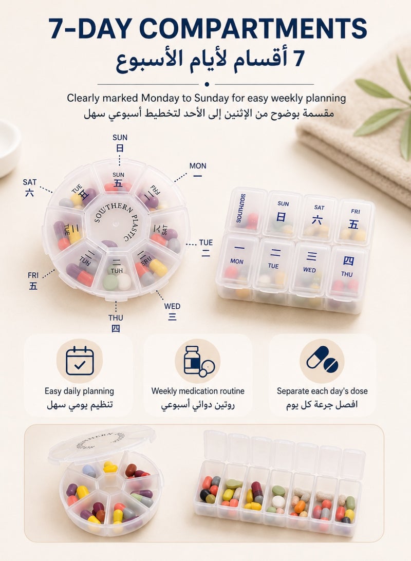WHO Pill Cases 2Pcs Medication Organiser 7-Day Compartments Portable Pill Box Travel Medicine Storage Box For Pills Vitamins Fish Oil Supplements - Image 2