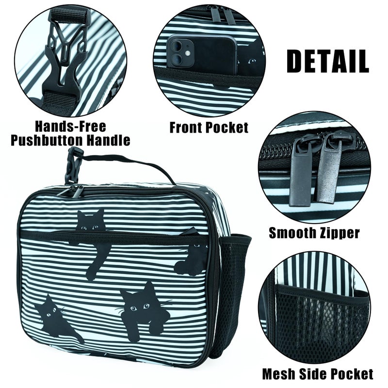 Betyiwling Cute Cat Striped Black White Lunch Box Insulated Reusable Lunch Bag Tote Cooler for Women Men Boy Girl School Work Office Picnic - Image 4