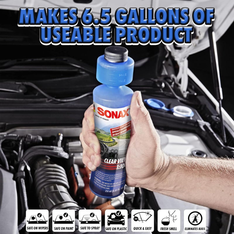 SONAX تركيز رؤية واضحة 271141 | منظف زجاج أمامي عالي الأداء | يزيل الحشرات والزيوت والأوساخ والطبقة | تركيبة خالية من الفوسفات وخالية من الخطوط | ينتج 6 جالونات من المنظف | 250 مل - Image 2