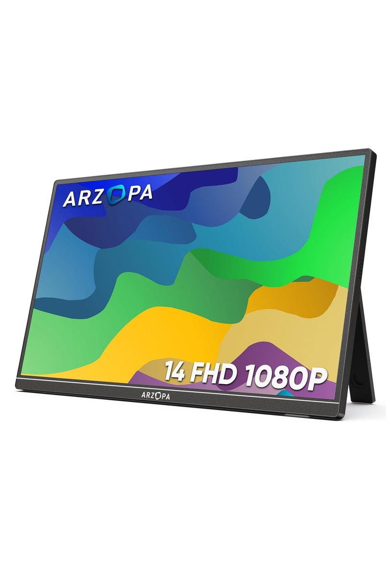 ترقية التكنولوجيا المبتكرة شاشة أرزوبا المحمولة مع حامل، مقاس 14.0 بوصة شاشة كمبيوتر محمول فائقة النحافة شاشة خارجية دقة 1080 بكسل كاملة الوضوح مع مكبرات صوت مزدوجة شاشة ثانية لأجهزة الكمبيوتر المحمولة والهاتف صندوق اكس وPS4/5 ويُحوّل A1S - Image 1