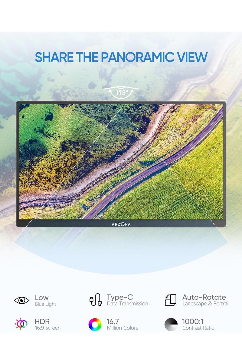 ترقية التكنولوجيا المبتكرة شاشة أرزوبا المحمولة مع حامل، مقاس 14.0 بوصة شاشة كمبيوتر محمول فائقة النحافة شاشة خارجية دقة 1080 بكسل كاملة الوضوح مع مكبرات صوت مزدوجة شاشة ثانية لأجهزة الكمبيوتر المحمولة والهاتف صندوق اكس وPS4/5 ويُحوّل A1S - Image 3