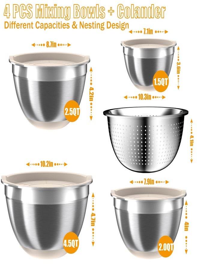 Nicdiet Mixing Bowls with Airtight Lids Set, 4 Stainless Steel Bowls Nesting Bowls & Colander, Kitchen Organizers and Storage Non-Slip Bottom, Size 1.3/1.8/2.4/3.0QT, Great for Mixing & Serving, Khaki - Image 2