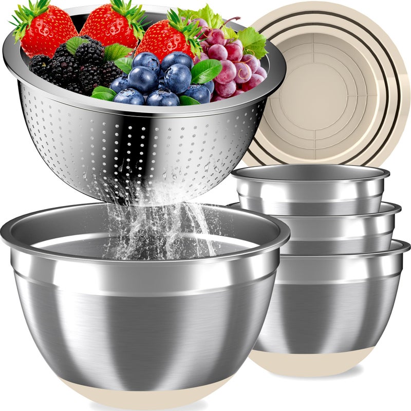 Nicdiet Mixing Bowls with Airtight Lids Set, 4 Stainless Steel Bowls Nesting Bowls & Colander, Kitchen Organizers and Storage Non-Slip Bottom, Size 1.3/1.8/2.4/3.0QT, Great for Mixing & Serving, Khaki - Image 1