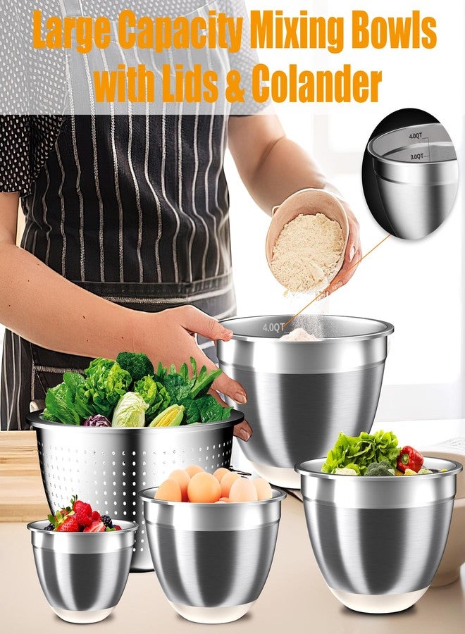 Nicdiet Mixing Bowls with Airtight Lids Set, 4 Stainless Steel Bowls Nesting Bowls & Colander, Kitchen Organizers and Storage Non-Slip Bottom, Size 1.3/1.8/2.4/3.0QT, Great for Mixing & Serving, Khaki - Image 4