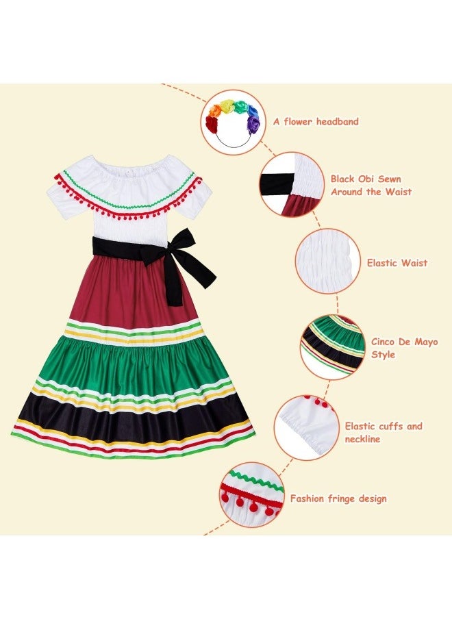 NIBEMINENT Traditional Mexican Dress for Girls Cinco De Mayo Girls Dresses Off-Shoulder Halloween Kids Dance Dress with Flower  - Image 5
