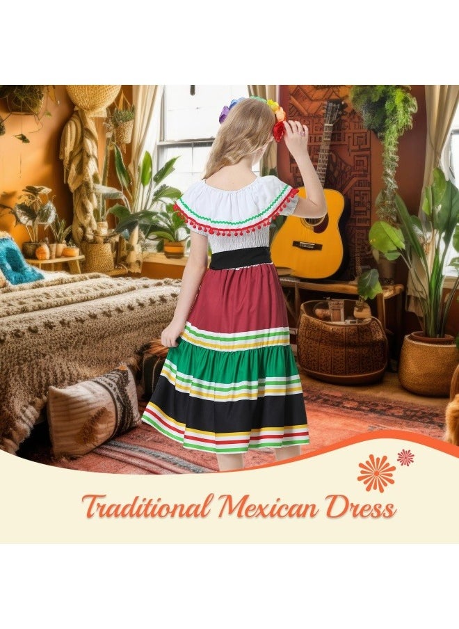 NIBEMINENT Traditional Mexican Dress for Girls Cinco De Mayo Girls Dresses Off-Shoulder Halloween Kids Dance Dress with Flower  - Image 4