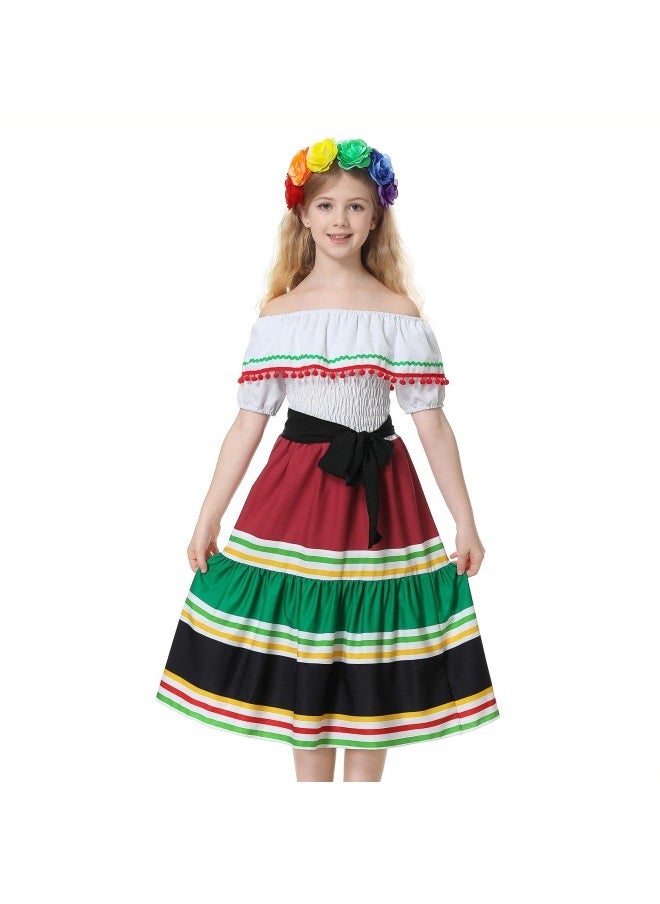 NIBEMINENT Traditional Mexican Dress for Girls Cinco De Mayo Girls Dresses Off-Shoulder Halloween Kids Dance Dress with Flower  - Image 1