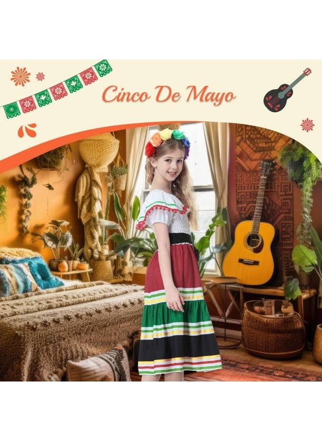 NIBEMINENT Traditional Mexican Dress for Girls Cinco De Mayo Girls Dresses Off-Shoulder Halloween Kids Dance Dress with Flower  - Image 3