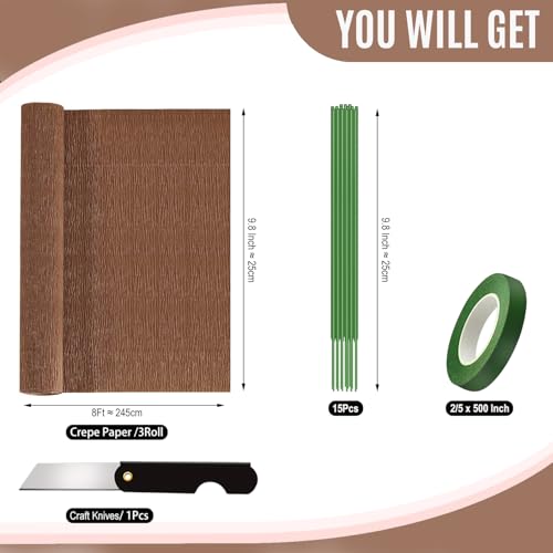 FYANER Crepe Paper Roll (9.8Inch x 8.2Ft/3Rolls),DIY Gift Crepe Paper Sheet Color Paper Flower Set for Birthday Decoration, Party Decoration and Wedding Decoration (Brown) - Image 2