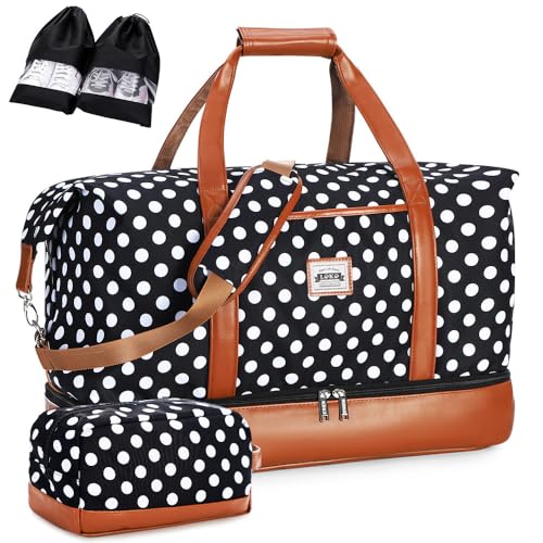 Lekebobor Travel Duffle Bag, Weekender Bags for Women Carry On Travel Bag Overnight Bag with Shoe Compartment Toiletry Bag, Large Weekend Tote Bag Gym Bag Hospital Bag for Labor and Delivery 50L, Dots - Image 1