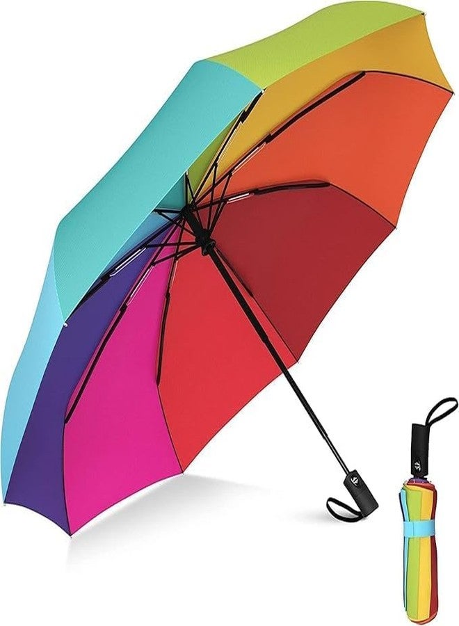 MBKOH Portable Auto Travel Umbrella - Windproof for Rain, Strong for Wind, Auto Open/Close Button, Perfect Car Umbrella for Men & Women (Rainbow) - Image 1