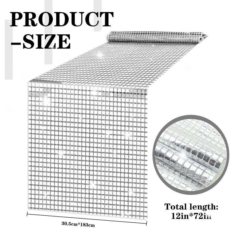 RTHPY 12 x 72 Inches Glitter Disco Table Runner - Retro 70s 80s Theme Decor - Silver Sequin - Bachelorette & Wedding Party Supplies - Image 3