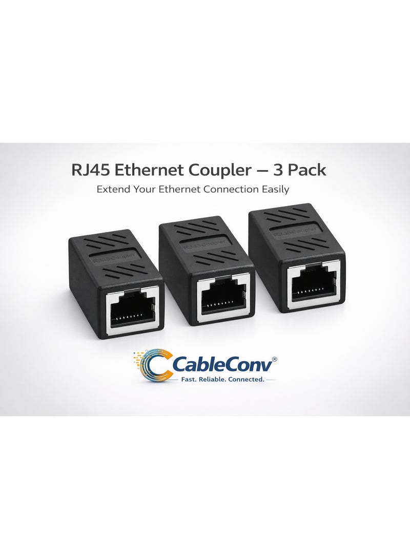 CABLE CONV RJ45 Coupler, 3 Pieces Ethernet RJ45 Coupler, RJ45 Connector Cat7, Cat6, Cat5, Cat5e Compatible with Network Cables Female to Female (Black) - Image 1