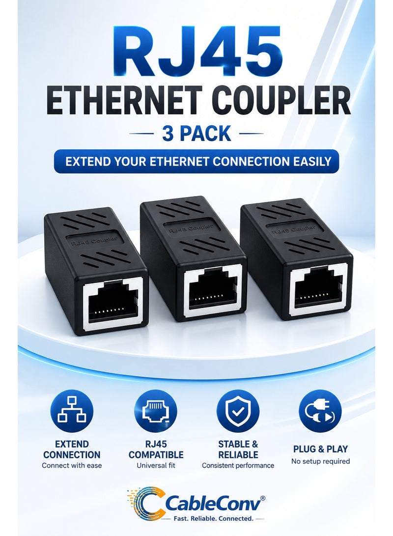 ​كابل كونف موصل RJ45، 3 قطع موصل إيثرنت RJ45، موصل RJ45 متوافق مع كابلات الشبكة Cat7، Cat6، Cat5، Cat5e أنثى إلى أنثى (أسود) - Image 1