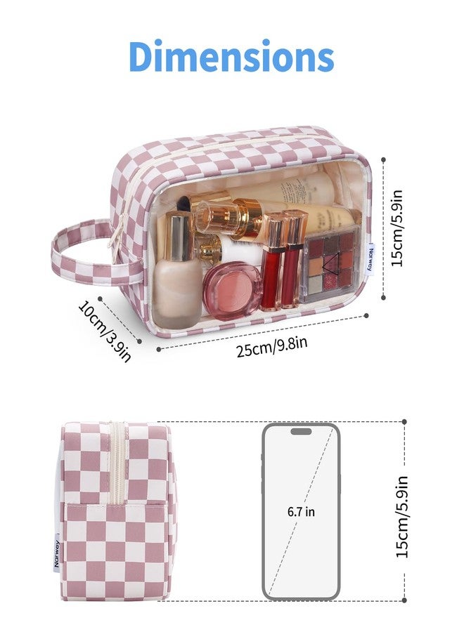 Narwey Checkered Clear Makeup Bag Cosmetic Bag with Zipper for Travel, Clear Toiletry Bags for Traveling Toiletries Women Men, Make Up Pouch with Handle, Skincare Bag (Dusty Pink Checkerboard) - Image 4