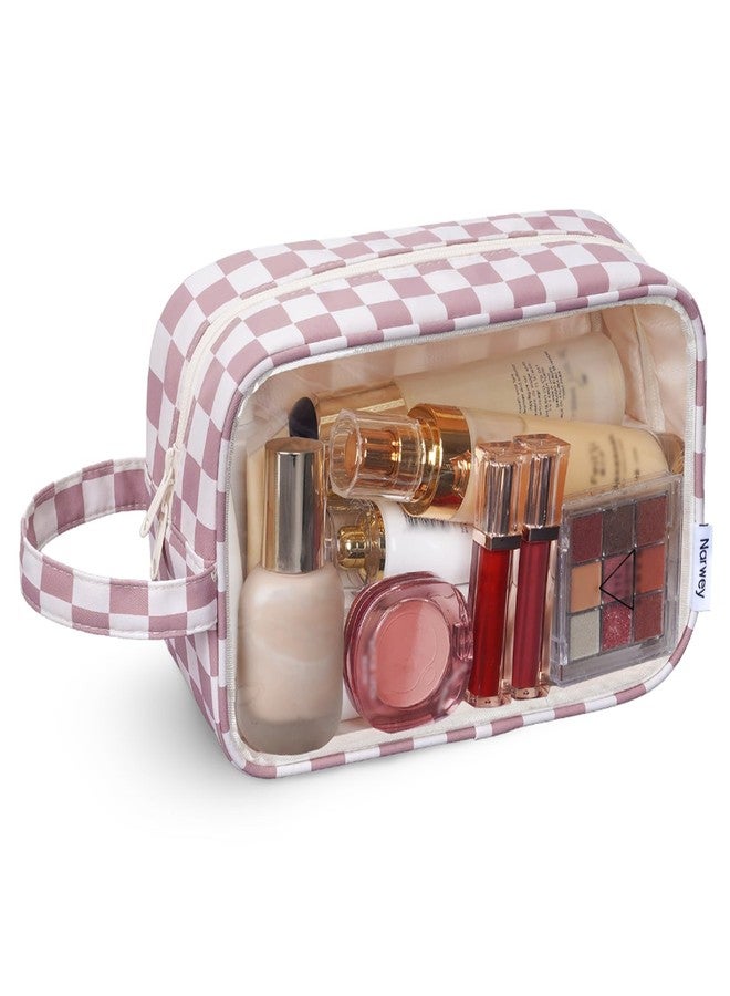 Narwey Checkered Clear Makeup Bag Cosmetic Bag with Zipper for Travel, Clear Toiletry Bags for Traveling Toiletries Women Men, Make Up Pouch with Handle, Skincare Bag (Dusty Pink Checkerboard) - Image 1