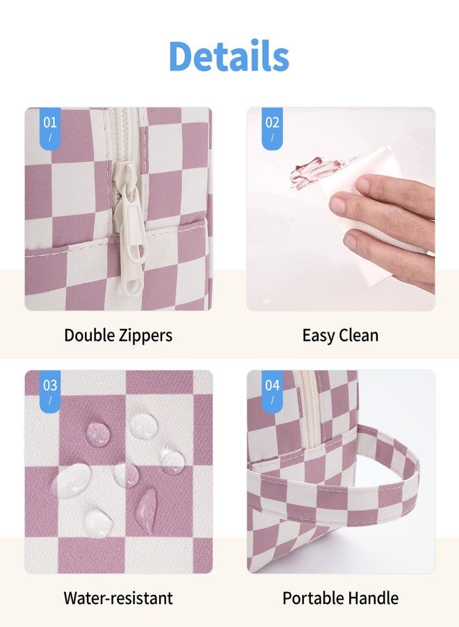 Narwey Checkered Clear Makeup Bag Cosmetic Bag with Zipper for Travel, Clear Toiletry Bags for Traveling Toiletries Women Men, Make Up Pouch with Handle, Skincare Bag (Dusty Pink Checkerboard) - Image 5