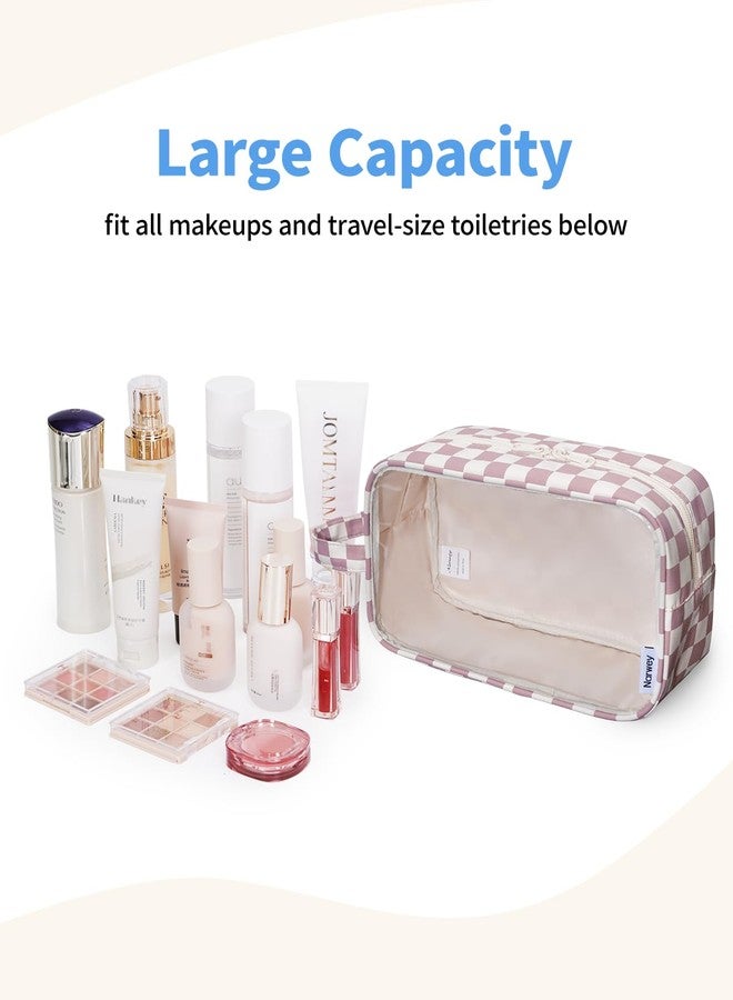Narwey Checkered Clear Makeup Bag Cosmetic Bag with Zipper for Travel, Clear Toiletry Bags for Traveling Toiletries Women Men, Make Up Pouch with Handle, Skincare Bag (Dusty Pink Checkerboard) - Image 2
