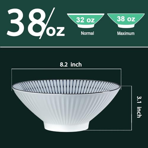 QINLANG 38 oz Japanese Ramen Bowls Set of 6, Pho Bowls, 8 Inches Blue and White Ceramic Soup Bowls, Stripe Pattern - Image 2