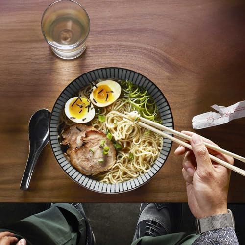 QINLANG 38 oz Japanese Ramen Bowls Set of 6, Pho Bowls, 8 Inches Blue and White Ceramic Soup Bowls, Stripe Pattern - Image 3