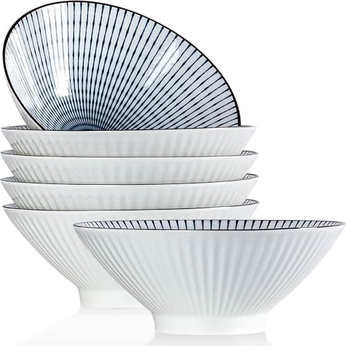 QINLANG 38 oz Japanese Ramen Bowls Set of 6, Pho Bowls, 8 Inches Blue and White Ceramic Soup Bowls, Stripe Pattern - Image 1