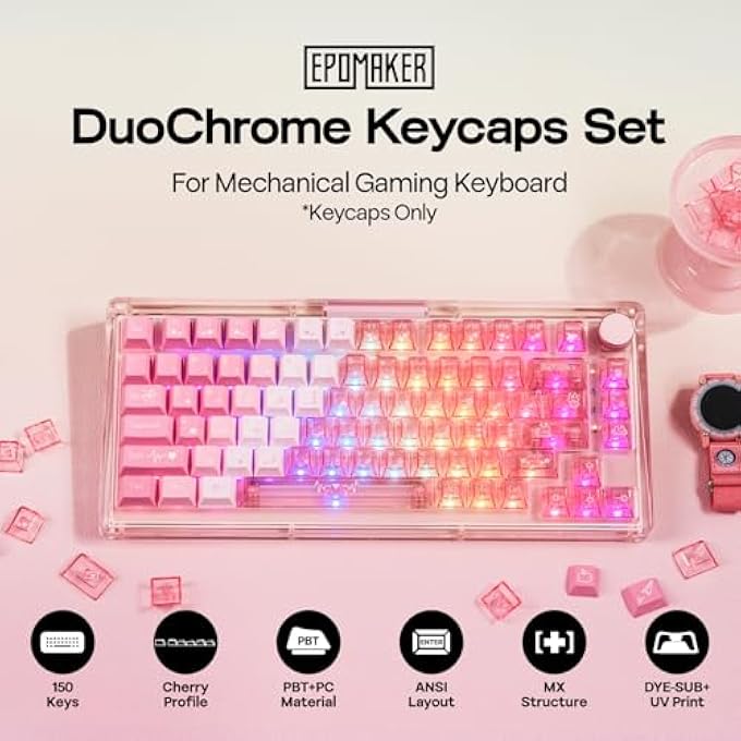 EPOMAKER DUOCHROME KEYCAPS SET, 150 KEYS, CHERRY PROFILE, SHINE THROUGH, PBT+PC, DYE-SUB, 65%/75%/TKL/96%/FULL SIZE, CUSTOM KEYBOARD KEYCAPS SET FOR MECHANICAL GAMING KEYBOARD (PINK) - Image 2
