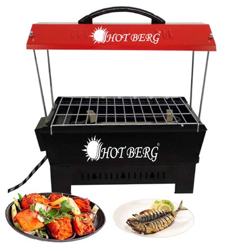 HOTBERG Hot Berg 14 Inches Electric Charcoal Barbeque Grill with 6 skewersRed hut ShapeGrill Stand JaliHand Gloves Tong - Image 1